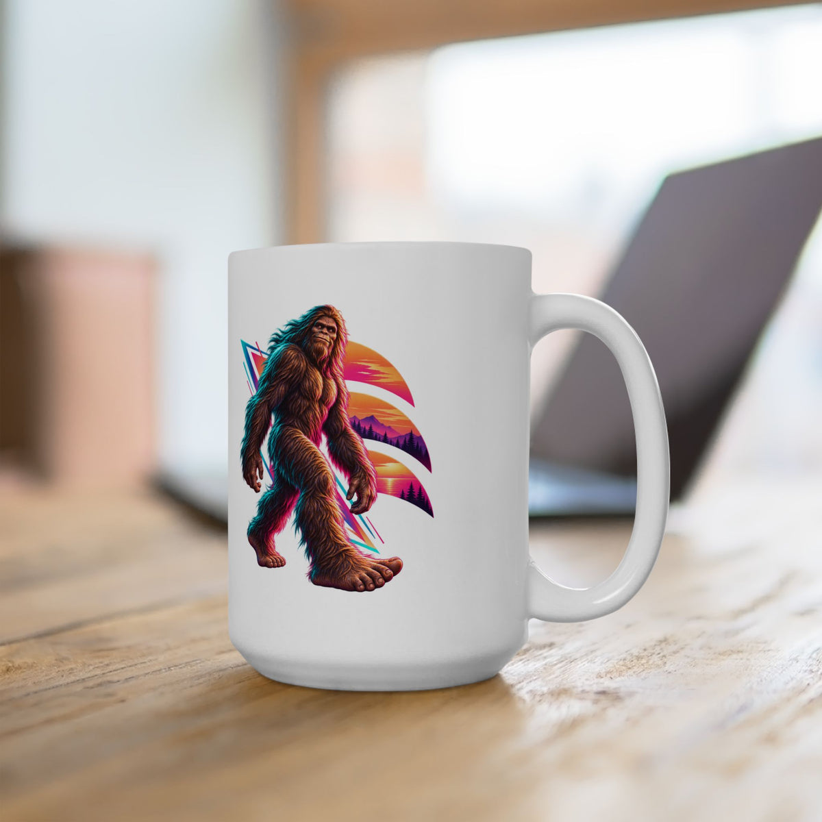 Neon Bigfoot Striding Through Sunset Arcs Mug