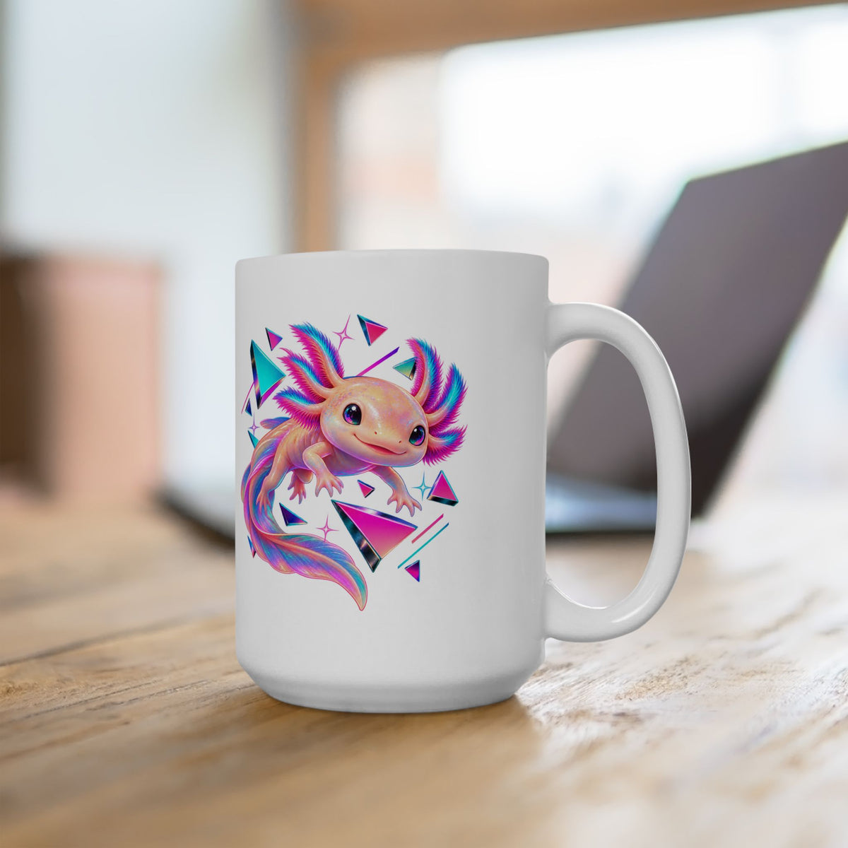 Neon Axolotl Drifting Through Memphis Shapes Mug