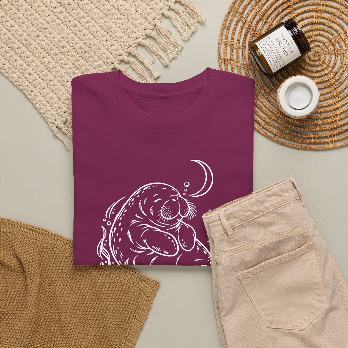 Sleepy Manatee Under a Crescent Moon T-Shirt