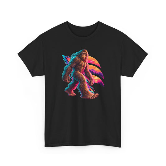 Neon Bigfoot Striding Through Sunset Arcs T-Shirt