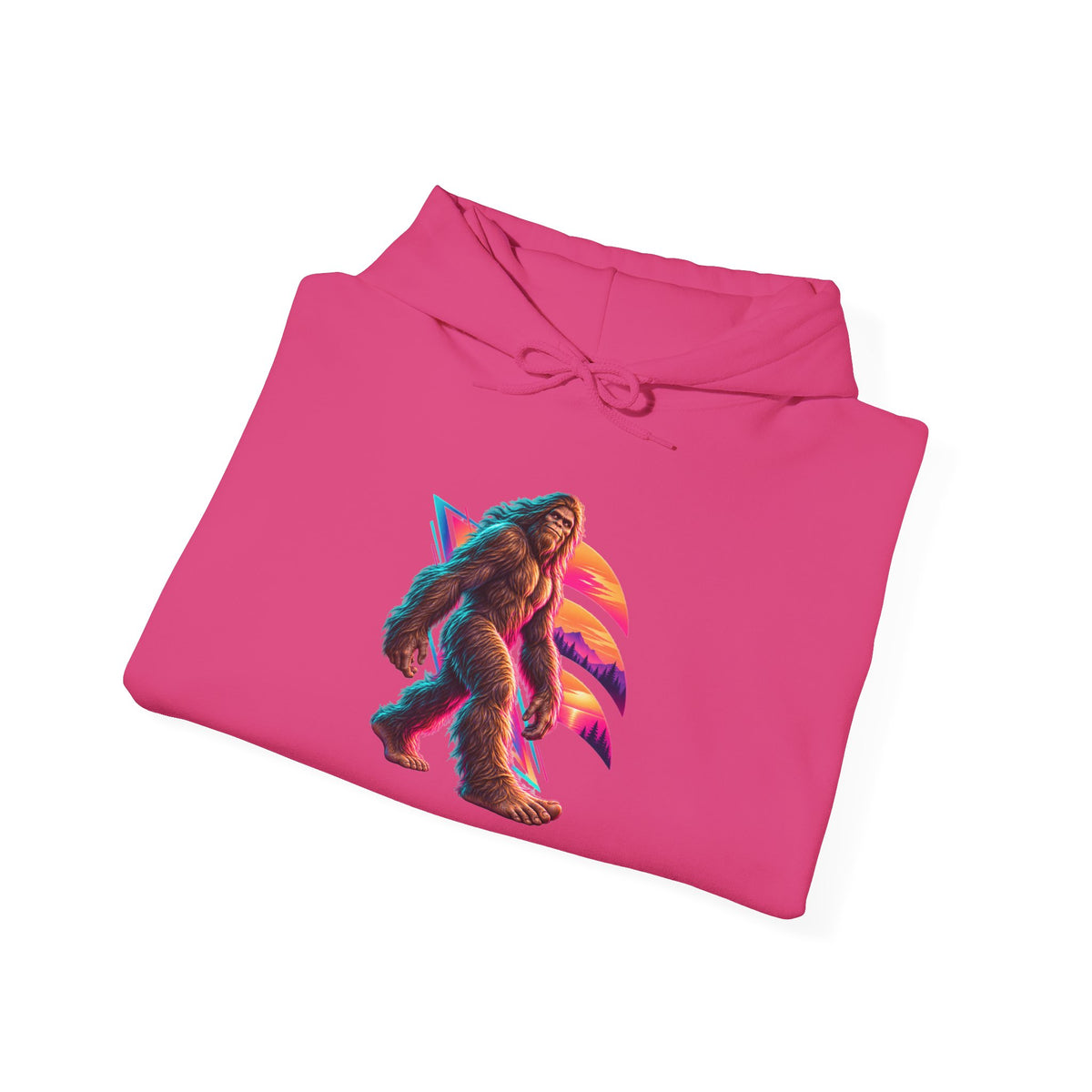 Neon Bigfoot Striding Through Sunset Arcs Pullover Hoodie
