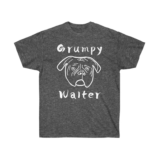 Dark heather gray T-shirt with a white Grumpy Walter dog graphic and lettering on the front.