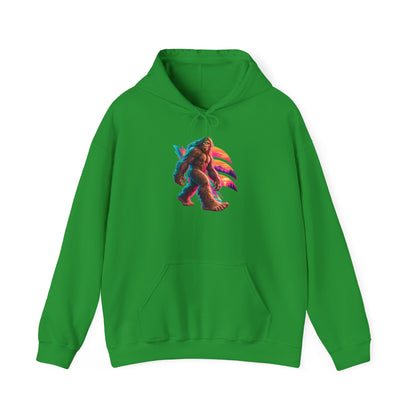 Neon Bigfoot Striding Through Sunset Arcs Pullover Hoodie
