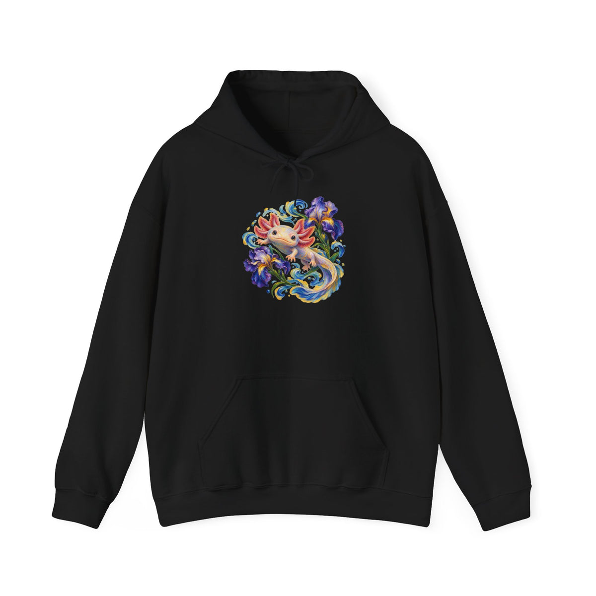 Axolotl Among Swirling Purple Irises Pullover Hoodie