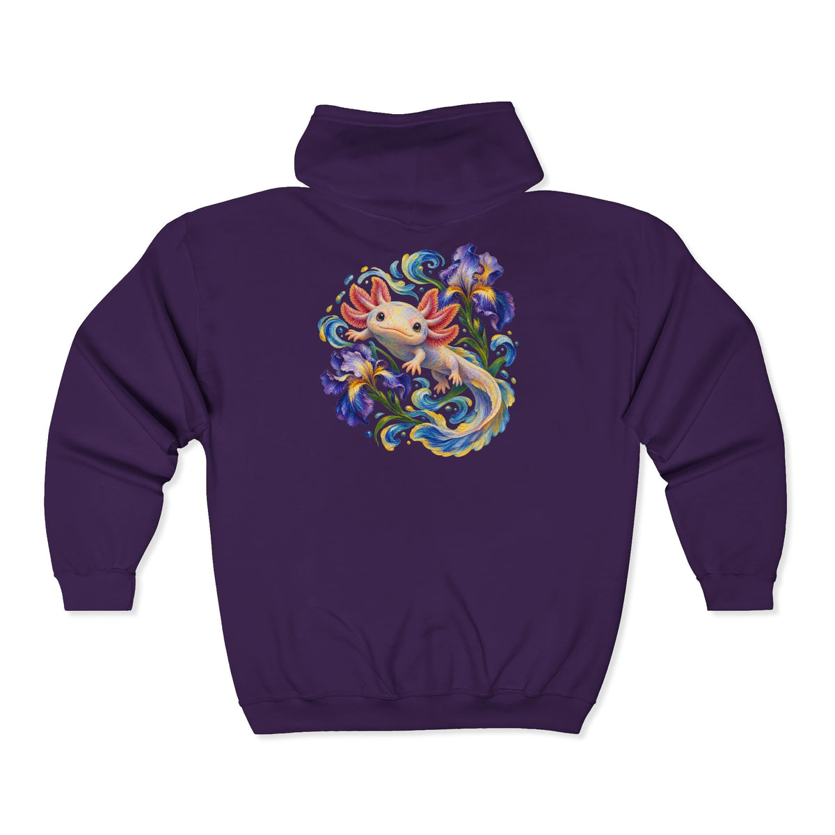 Axolotl Among Swirling Purple Irises Zip-Up Hoodie
