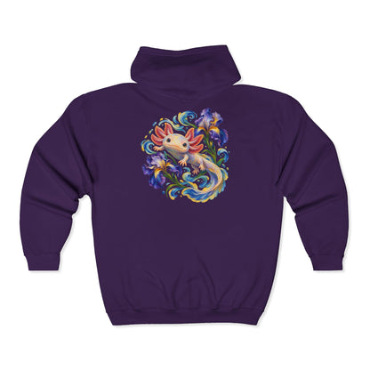 Axolotl Among Swirling Purple Irises Zip-Up Hoodie