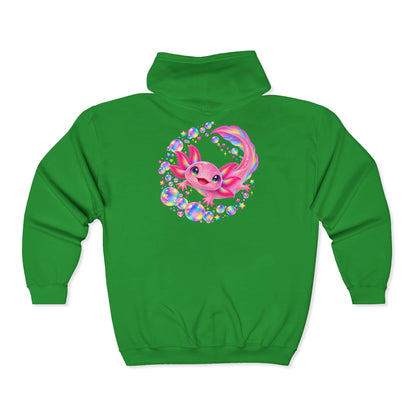Bubblegum Axolotl in Rainbow Bubbles Zip-Up Hoodie