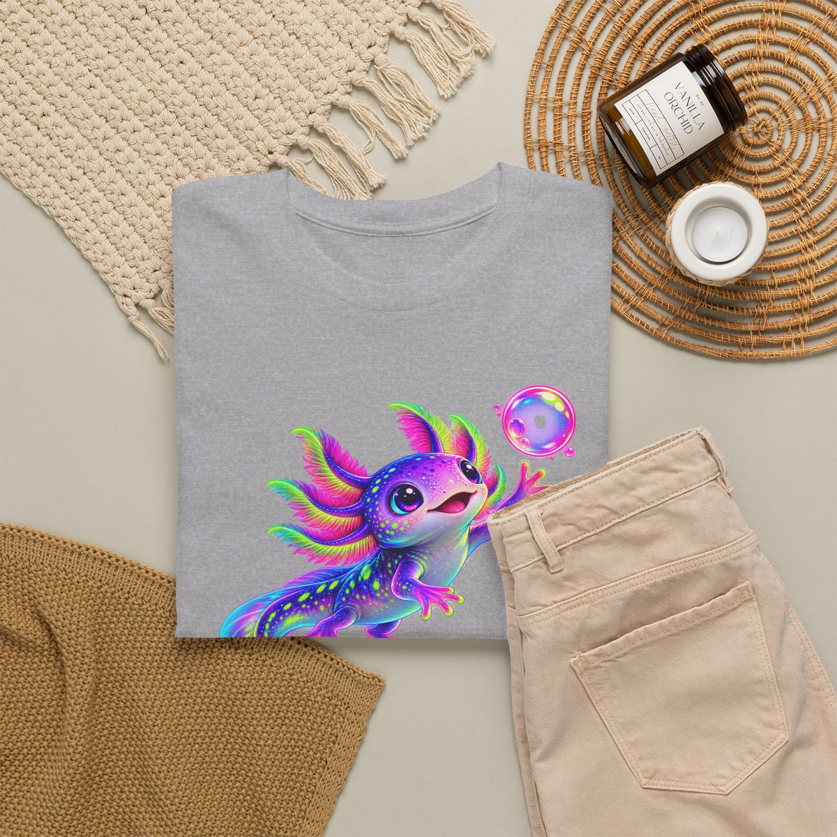 Neon Axolotl Reaching for a Bubble T-Shirt