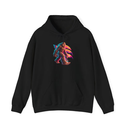 Neon Bigfoot Striding Through Sunset Arcs Pullover Hoodie