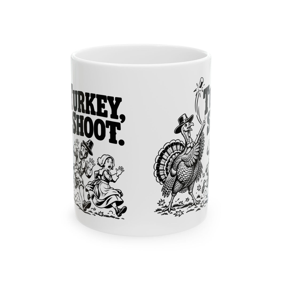 Turkey Shoot Mug | Funny Thanksgiving Turkey Chase | 11oz