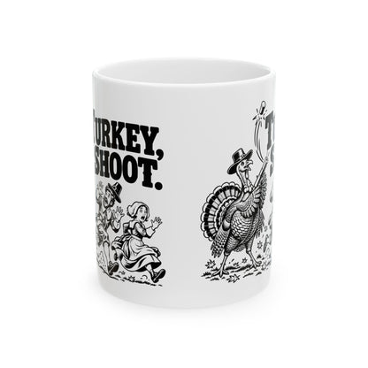 Turkey Shoot Mug | Funny Thanksgiving Turkey Chase | 11oz
