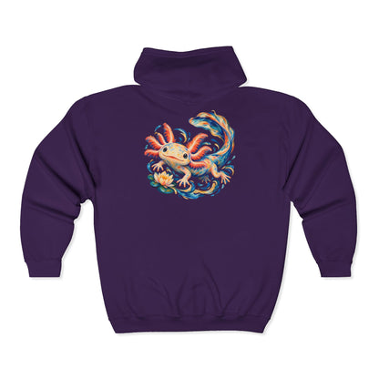 Swirling Axolotl and Lily Bloom Zip-Up Hoodie