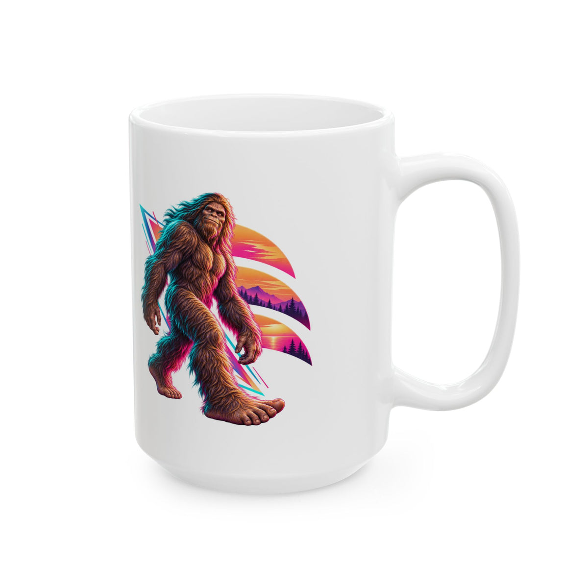 Neon Bigfoot Striding Through Sunset Arcs Mug