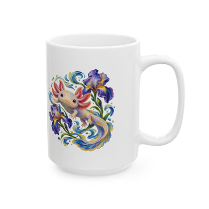 Axolotl Among Swirling Purple Irises Mug