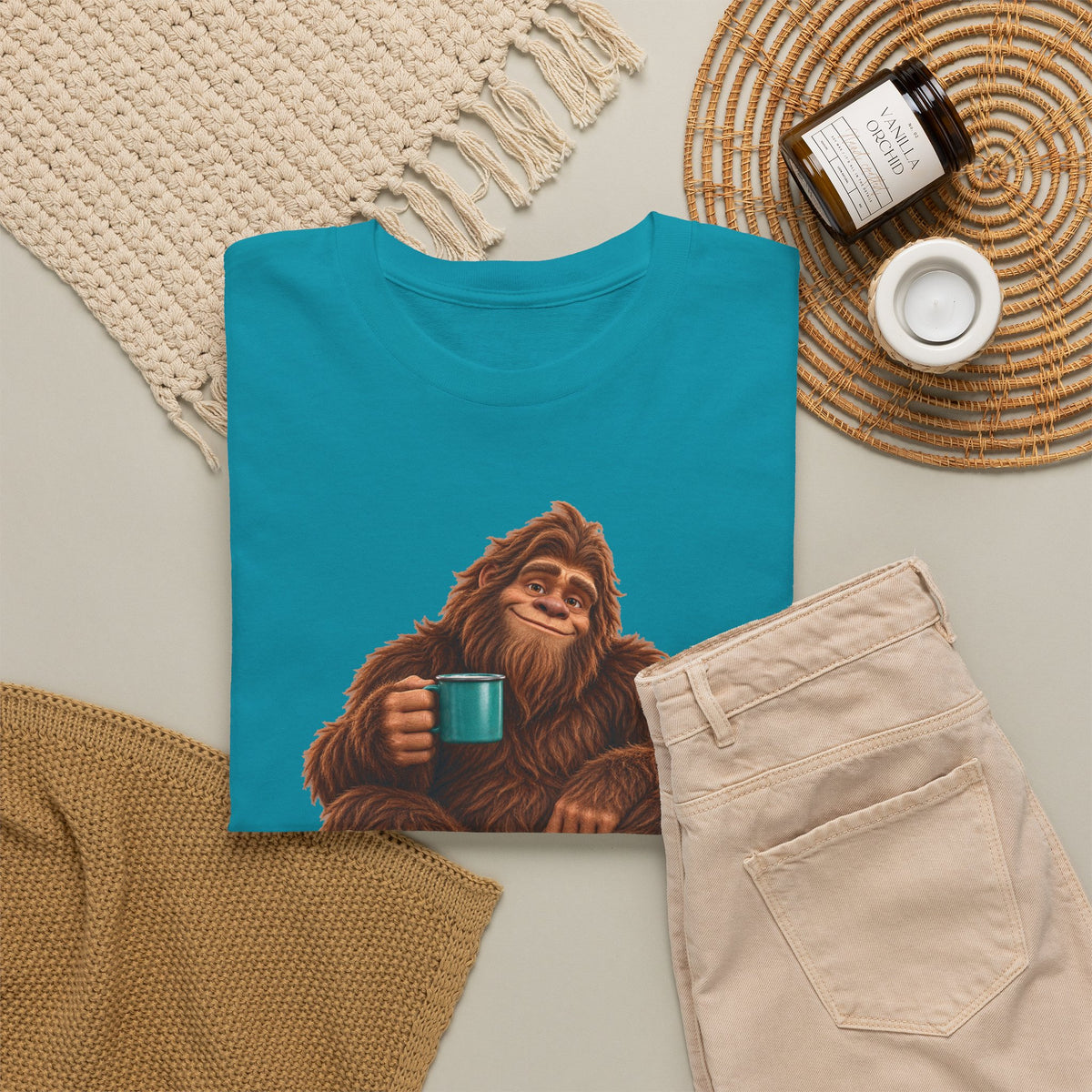 Cozy Camper Bigfoot with Teal Mug T-Shirt