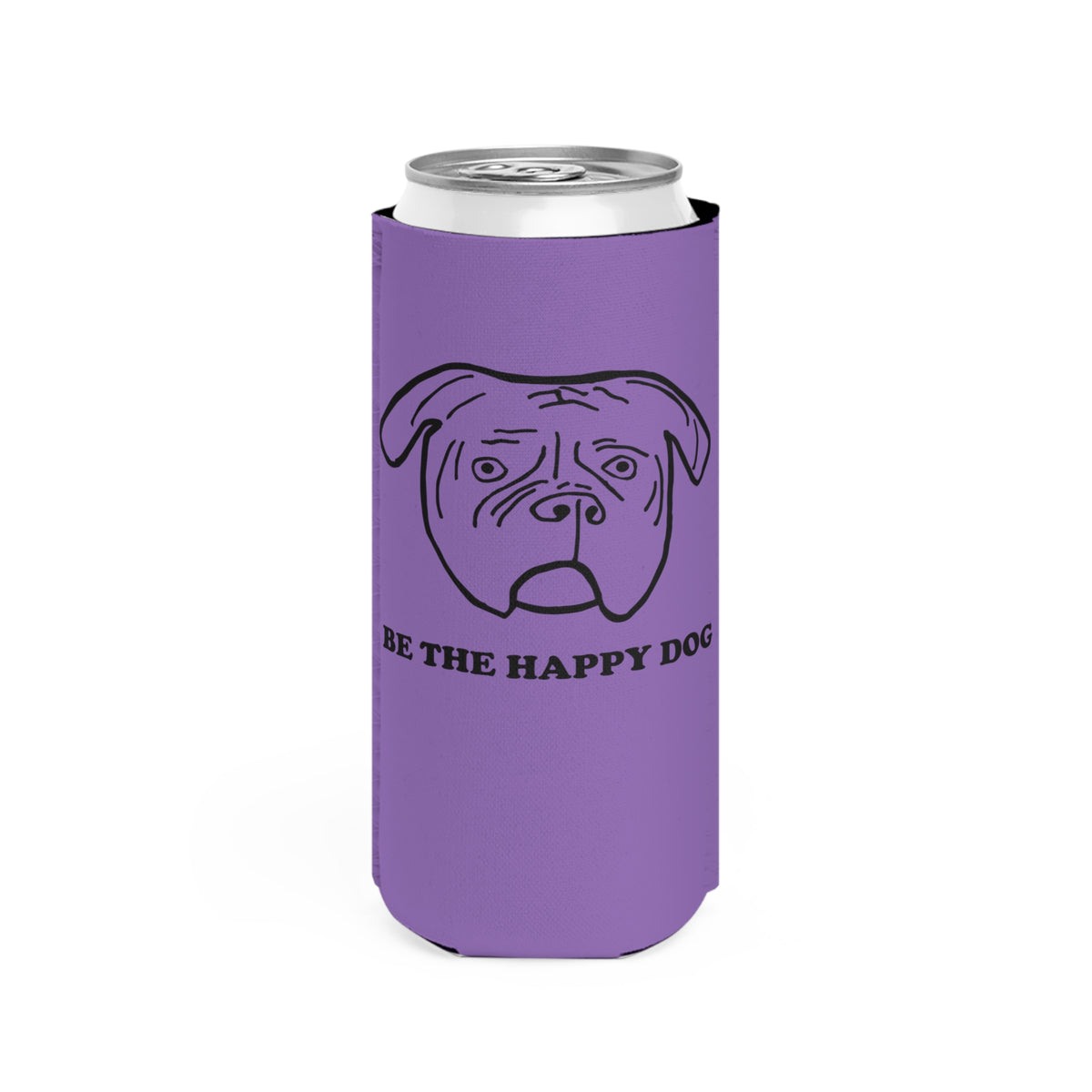 Purple slim can cooler with a black Walter dog face and Be the Happy Dog lettering.