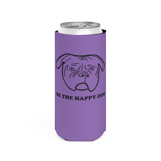 Purple slim can cooler with a black Walter dog face and Be the Happy Dog lettering.