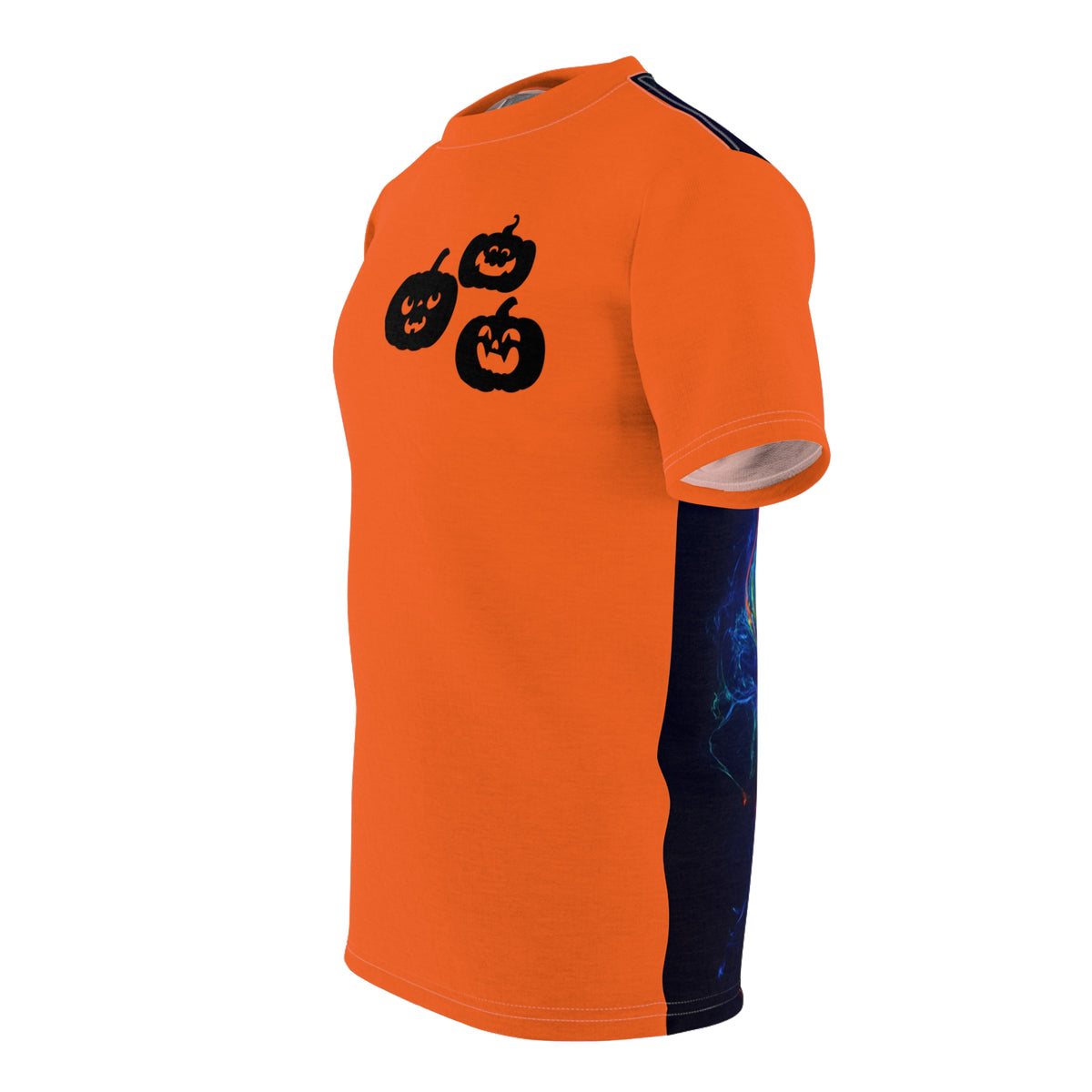Angled front view of an orange Halloween T-shirt with three small black jack-o’-lanterns across the chest.