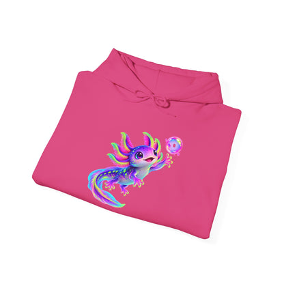 Neon Axolotl Reaching for a Bubble Pullover Hoodie