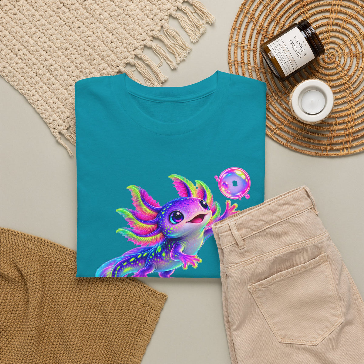 Neon Axolotl Reaching for a Bubble T-Shirt