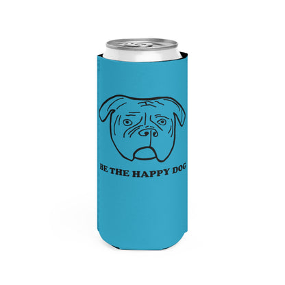 Blue slim can cooler with a black Walter dog face and Be the Happy Dog lettering.