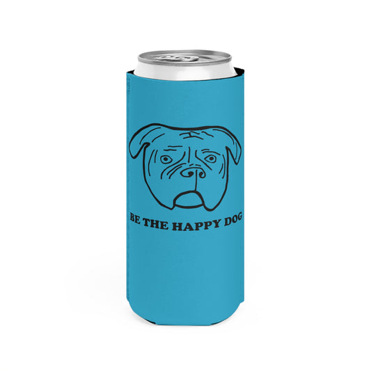 Blue slim can cooler with a black Walter dog face and Be the Happy Dog lettering.