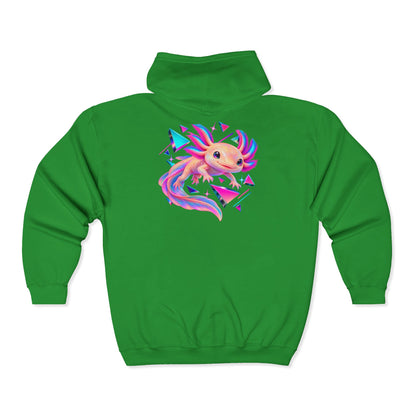 Neon Axolotl Drifting Through Memphis Shapes Zip-Up Hoodie