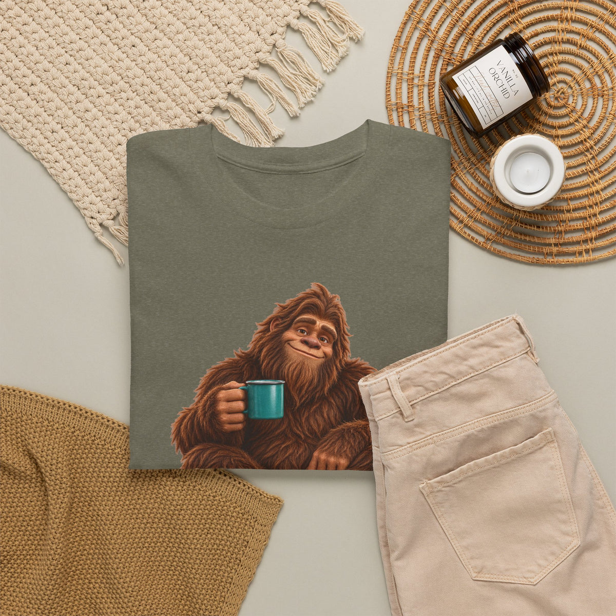 Cozy Camper Bigfoot with Teal Mug T-Shirt