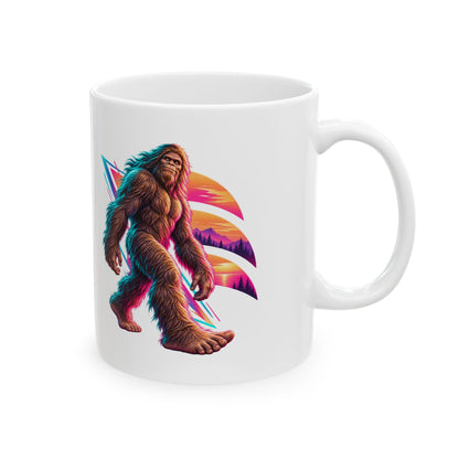 Neon Bigfoot Striding Through Sunset Arcs Mug