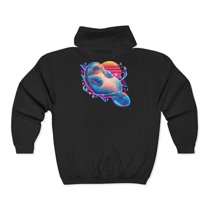 Synthwave Manatee Over Sunset Arcs Zip-Up Hoodie