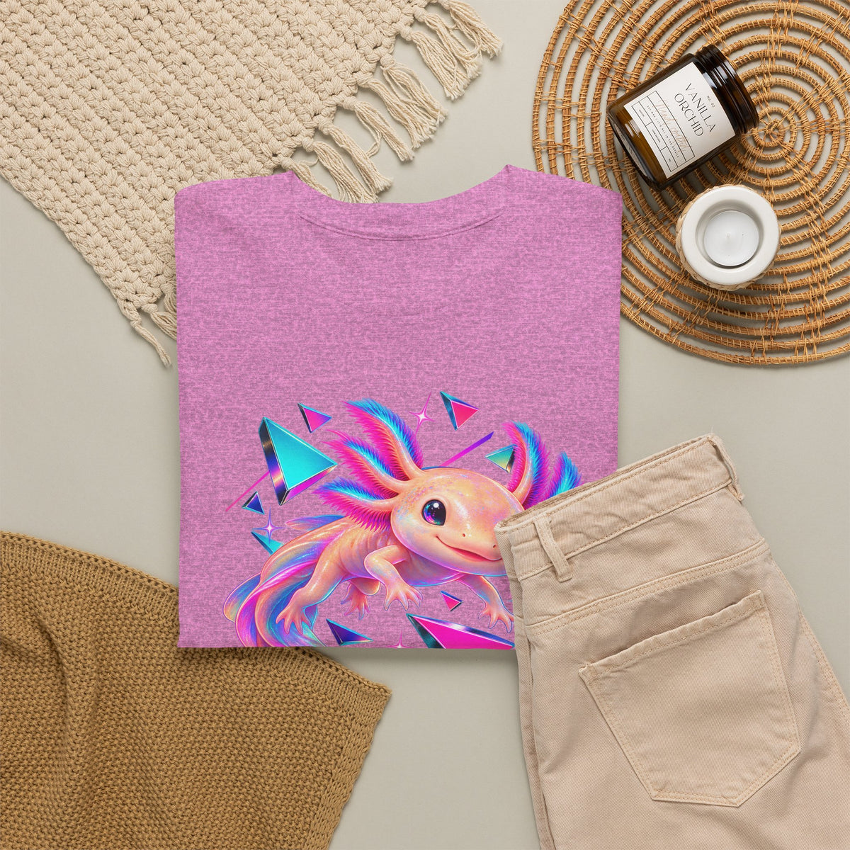 Neon Axolotl Drifting Through Memphis Shapes T-Shirt