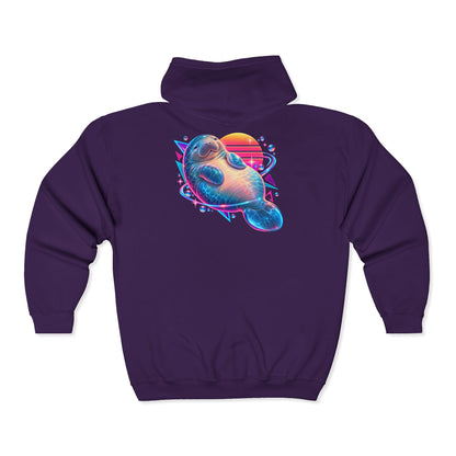 Synthwave Manatee Over Sunset Arcs Zip-Up Hoodie