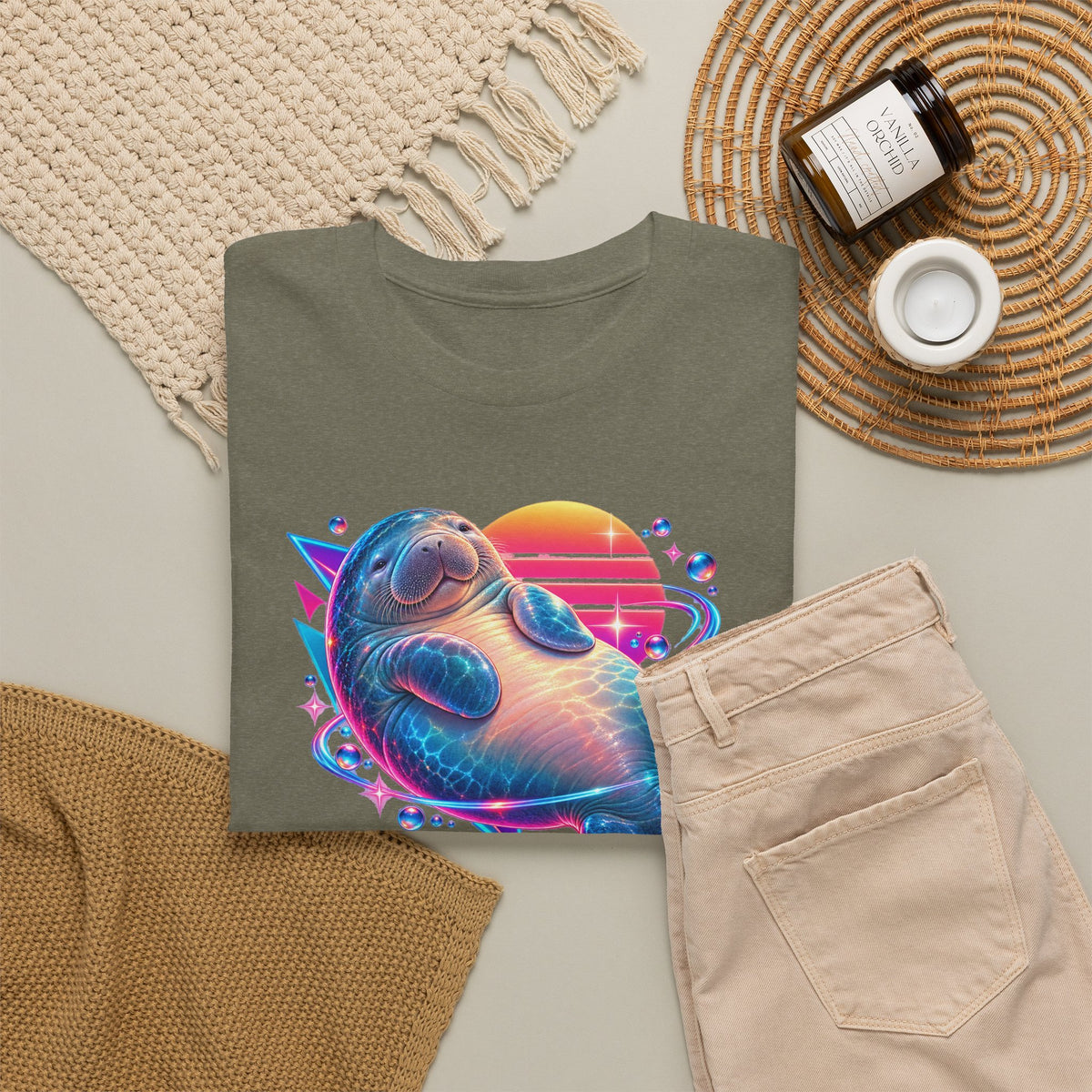 Synthwave Manatee Over Sunset Arcs T-Shirt
