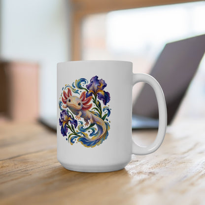 Axolotl Among Swirling Purple Irises Mug