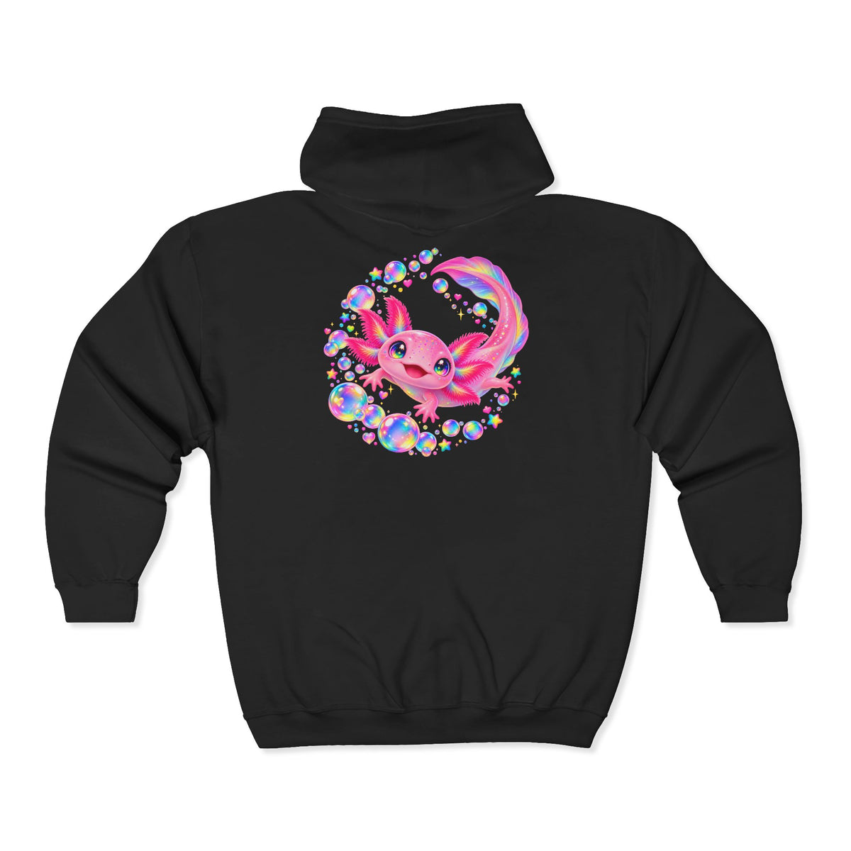 Bubblegum Axolotl in Rainbow Bubbles Zip-Up Hoodie