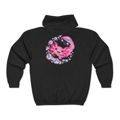 Bubblegum Axolotl in Rainbow Bubbles Zip-Up Hoodie