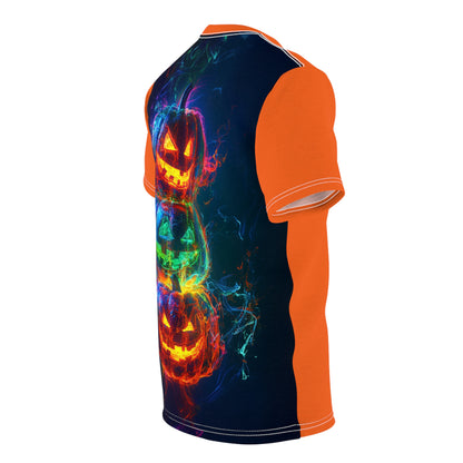 Angled back view of an orange Halloween T-shirt with three large stacked neon-style pumpkins.