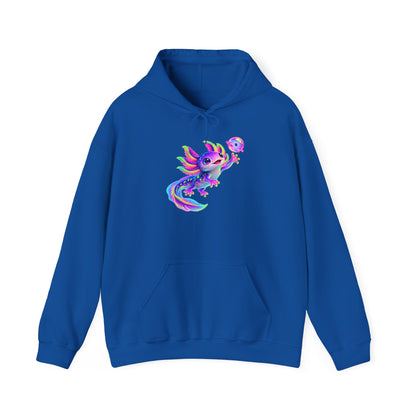 Neon Axolotl Reaching for a Bubble Pullover Hoodie