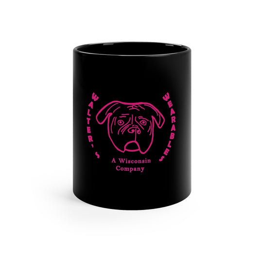 Black ceramic mug with a pink Walter dog face and Walter's Wearables lettering.