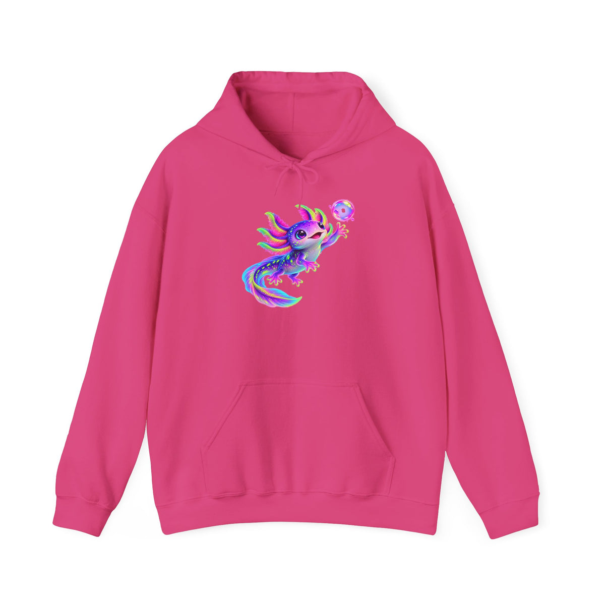 Neon Axolotl Reaching for a Bubble Pullover Hoodie