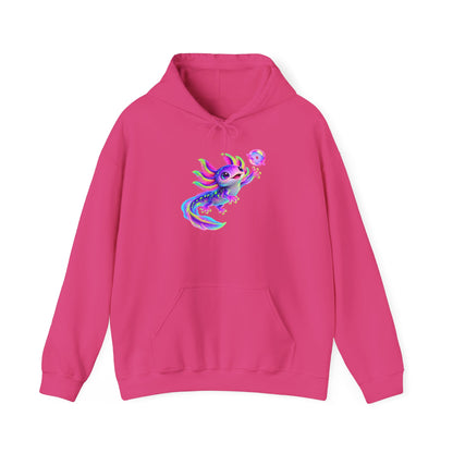 Neon Axolotl Reaching for a Bubble Pullover Hoodie
