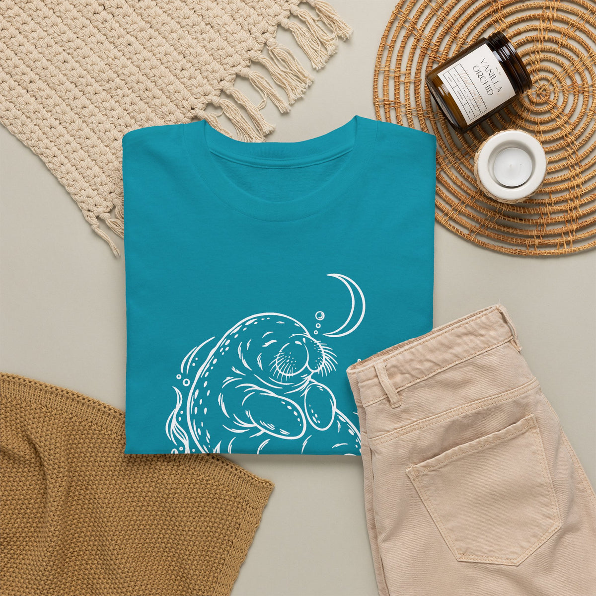 Sleepy Manatee Under a Crescent Moon T-Shirt