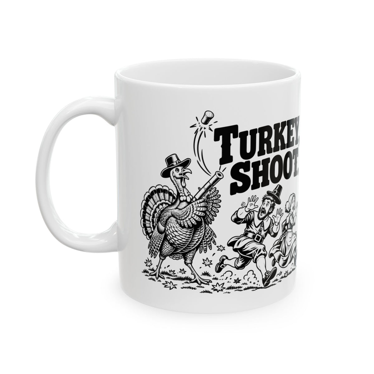 Turkey Shoot Mug | Funny Thanksgiving Turkey Chase | 11oz