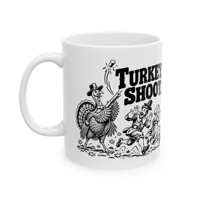 Turkey Shoot Mug | Funny Thanksgiving Turkey Chase | 11oz