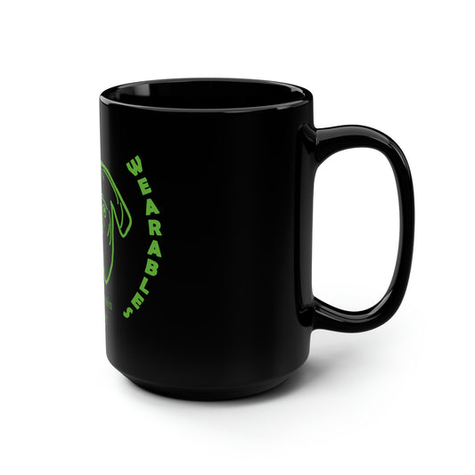 Black ceramic mug with green Walter's Wearables lettering and a handle on the right.