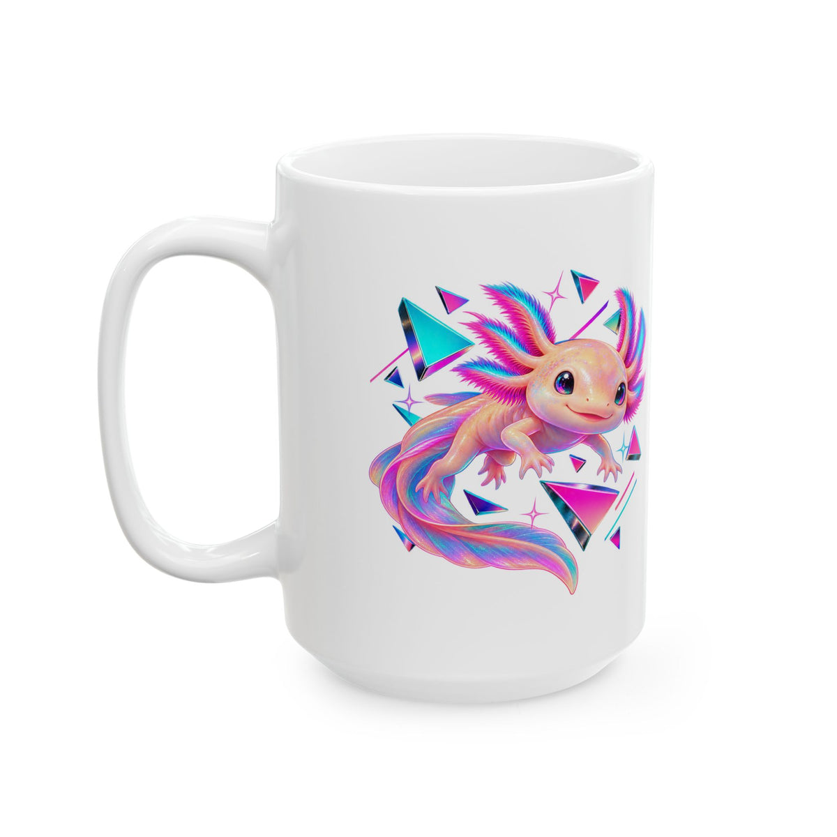 Neon Axolotl Drifting Through Memphis Shapes Mug