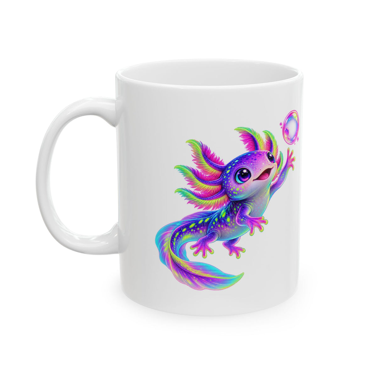 Neon Axolotl Reaching for a Bubble Mug