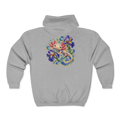 Axolotl Among Swirling Purple Irises Zip-Up Hoodie