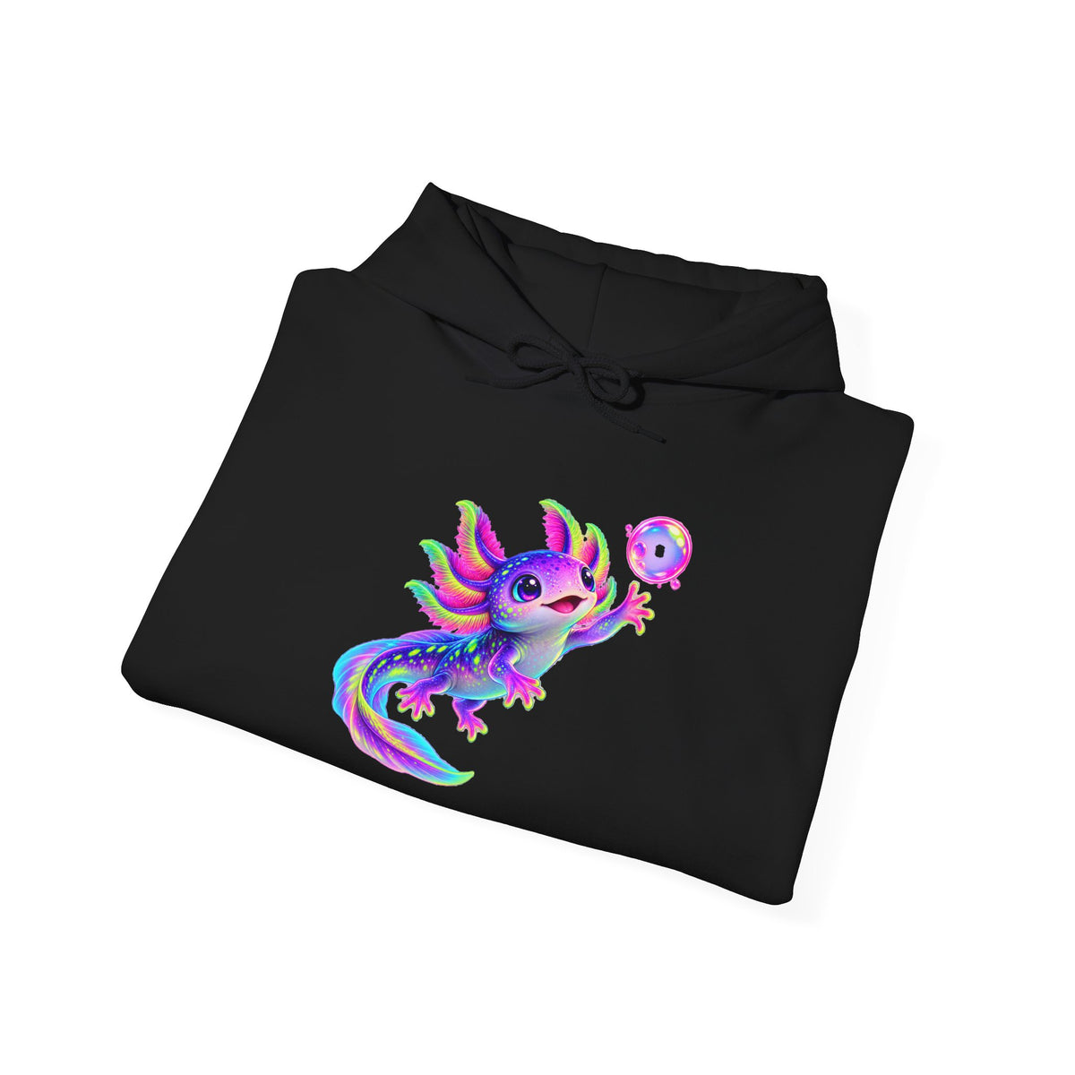 Neon Axolotl Reaching for a Bubble Pullover Hoodie