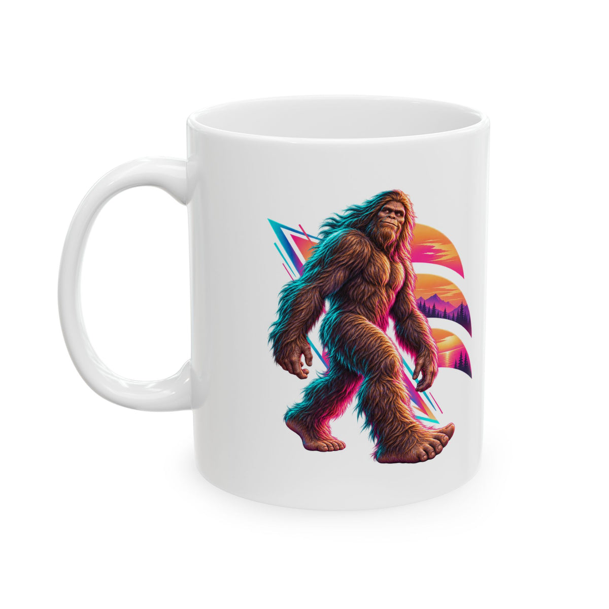 Neon Bigfoot Striding Through Sunset Arcs Mug